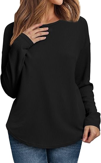 Womens Long Sleeve Tops Crewneck Knitted Ribbed Shirts Fall Curved 